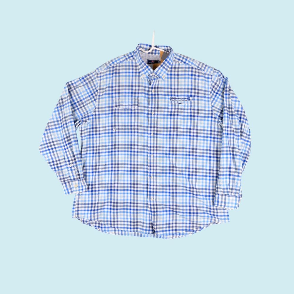 Vineyard Vines Shirt Men's Size XXL Blue Plaid Harbor Fishing Vented Utility Top